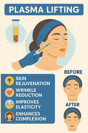 The image shows the injection process, expected effects such as wrinkle reduction and enhanced skin elasticity, and before-after comparisons.の写真素材