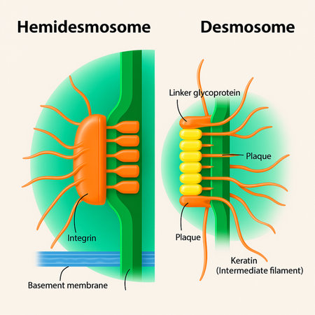 Hemidesmosome and Desmosome Cell Junction Diagram. Biological Structure of Cell Adhesion: Hemidesmosome vs Desmosome. Educational Illustration of Intercellular Connections in Human Tissueの写真素材