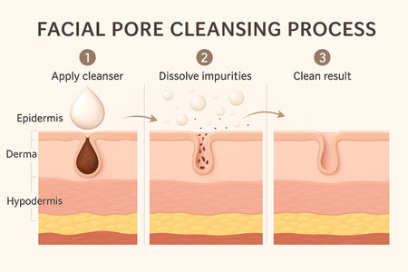 Educational infographic showing the facial pore cleansing process in three stages applying cleanser, dissolving impurities, and achieving clean skin.の写真素材