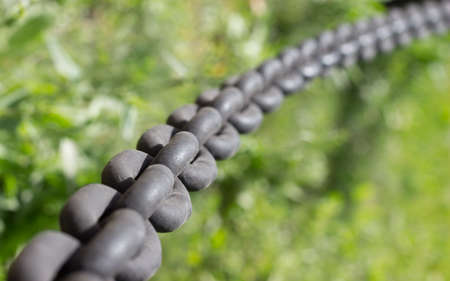 Iron black chains on grass backgroundの写真素材