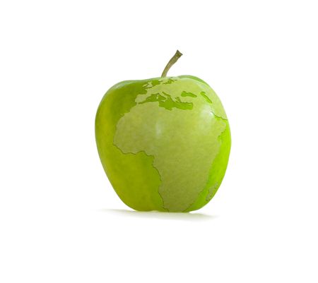 Green apple with eart isolated on white backgroundの写真素材