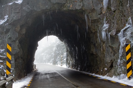 Tunnel with icicles on a mountain road in in Serra da Estrela &acirc