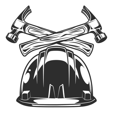 Builder hard hat with hammer, business from new construction and remodeling house in vintage monochrome style illustrationのイラスト素材