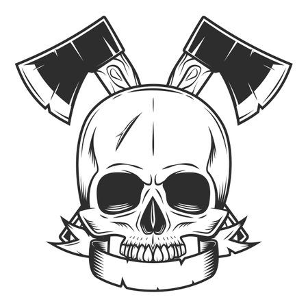 Half skull and crossed metal ax with handle made of wood. Wooden axe construction builder tool. Element for business woodworking or lumberjack emblem or icon with ribbon.のイラスト素材