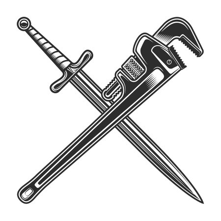 Vintage sword and body shop mechanic spanner repair tool or construction wrench for gas and builder plumbing pipe in monochrome style vector illustrationのイラスト素材