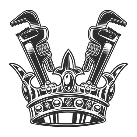 Vintage royal crown with body shop mechanic spanner repair tool or construction wrench for gas and builder plumbing pipe in monochrome style isolated vector illustrationのイラスト素材