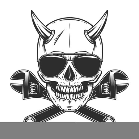 Viking skull with horns and sunglasses accessory to protect eyes from bright sun with construction plumbing wrench spanner tools vintage isolated vector illustrationのイラスト素材