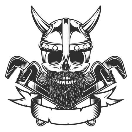 Viking skull in horned helmet with mustache and beard with construction wrench for gas and builder plumbing pipe or body shop mechanic spanner repair tool in monochrome style vintage vector illustrationのイラスト素材