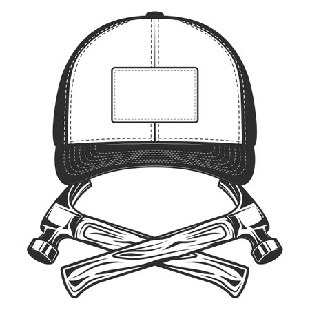 Baseball cap with carpenter hammer business construction tool monochrome style vector illustration isolated on white backgroundのイラスト素材