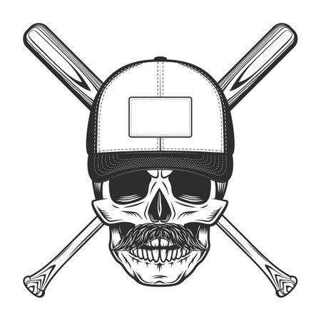 Skull in cap and mustache with baseball bat club emblem design elements template in vintage monochrome style isolated vector illustrationのイラスト素材