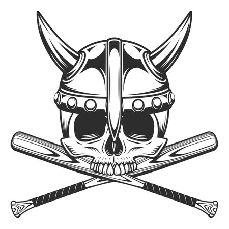 Viking skull without jaw in horned helmet with baseball bat club emblem design elements template in vintage monochrome style isolated vector illustrationのイラスト素材
