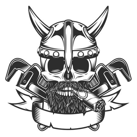 Viking skull in horned helmet with mustache and beard with construction wrench for gas and builder plumbing pipe or body shop mechanic spanner repair tool vintage vector illustrationのイラスト素材