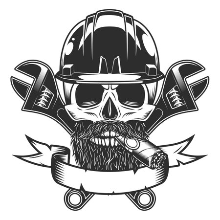 Skull smoking cigar or cigarette with mustache and beard in helmet hard hat with construction wrench for gas and builder plumbing pipe or body shop mechanic spanner repair toolvintage vector illustrationのイラスト素材