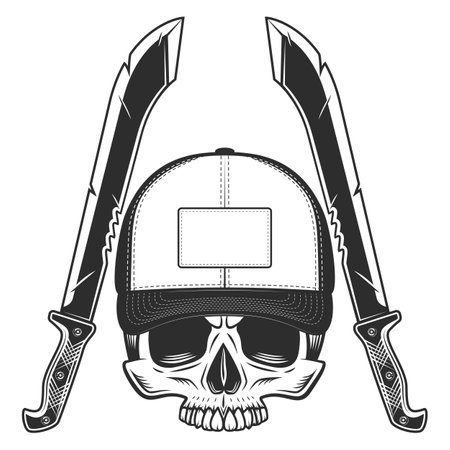 Skull without jaw in baseball cap with machete sharp knife melee weapon of hunter in jungle. Black and white vector isolated on white backgroundのイラスト素材