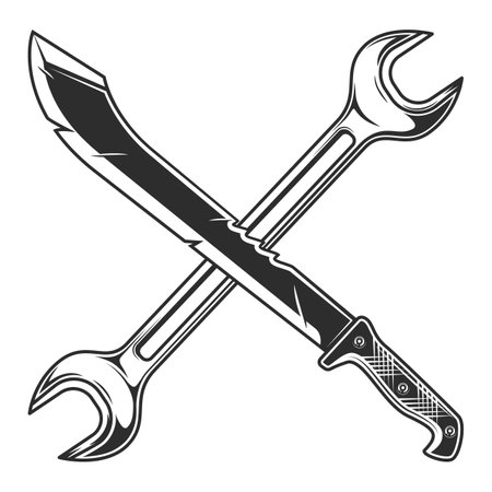 Machete with mechanic spanner wrench icon. Sharp knife melee weapon of hunter in jungle. Black and white vector isolated on white backgroundのイラスト素材