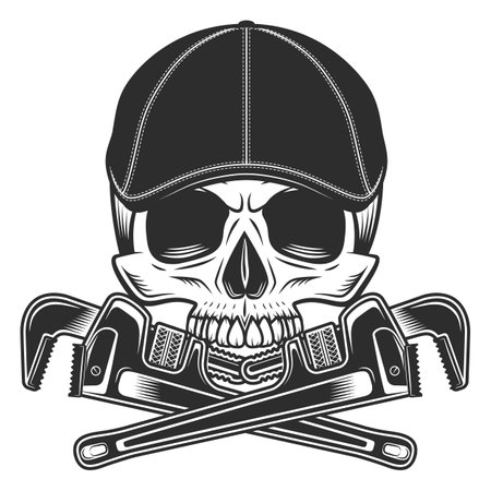 Skull without jaw in gangster gatsby tweed hat flat cap with construction plumbing adjustable wrench service repair tool vector illustrationのイラスト素材