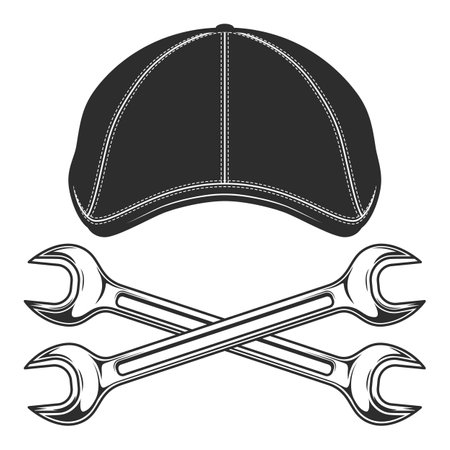 Flat cap gatsby tweed hat with constriction or mechanic service repair spanner wrench vector vintage illustrationのイラスト素材