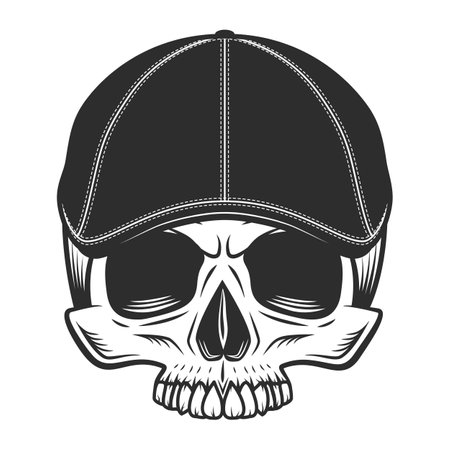 Skull without jaw in gangster gatsby tweed hat flat cap vector vintage illustrationのイラスト素材