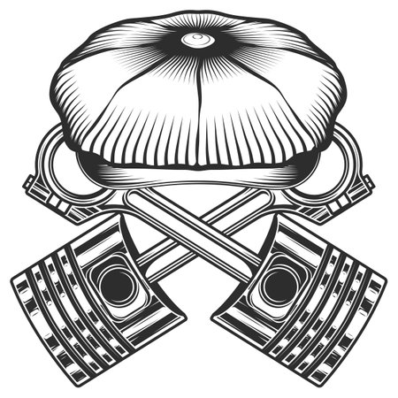 Engine piston and flat cap on white background isolated monochrome illustrationのイラスト素材