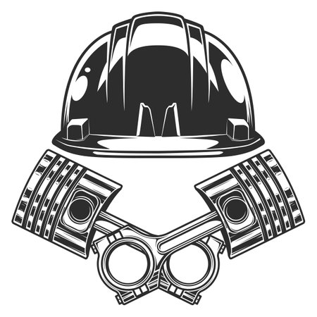 Engine piston and hard hat construction helmet on white background isolated monochrome illustrationのイラスト素材