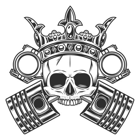 King biker skull in crown without jaw and crossed engine pistons service repair motorcycle, car and truck business in vintage monochrome isolated vector illustrationのイラスト素材