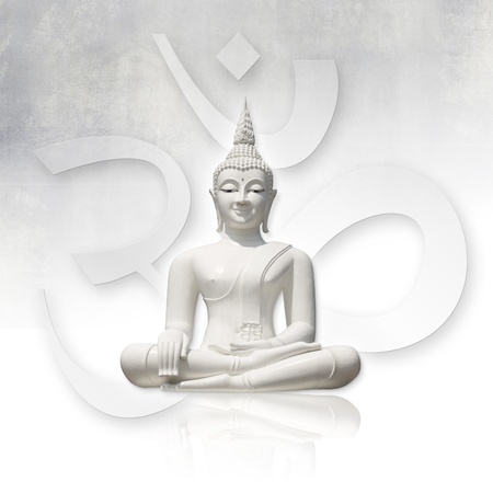 Isolated white buddha (incl. clipping path), OM sign in backgroundの写真素材