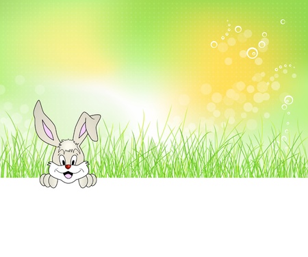 Bunny sitting in green grass - Easter background design - cute laughing rabbitのイラスト素材