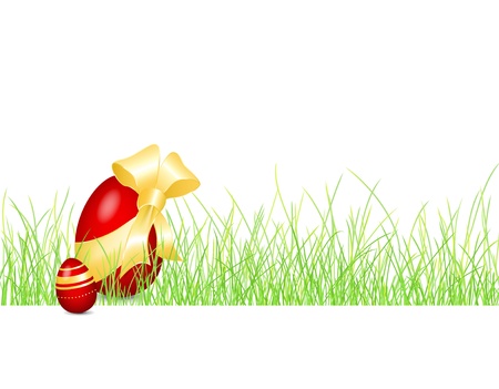 Easter egg background - red Easter eggs with golden bow on green grass - vector illustrationのイラスト素材