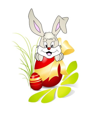 Vector illustration - cute Easter bunny cartoon with Easter egg, flower and grass - cute smiling rabbitのイラスト素材