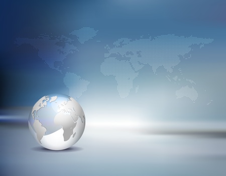 business background - light silver grey 3d globe and dotted world map with blue shiny backdropのイラスト素材