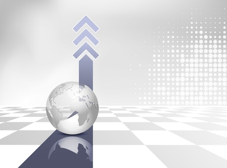 Business background with globe, blue arrows and gray and white checked floor - global map - corporate design - vector templateのイラスト素材