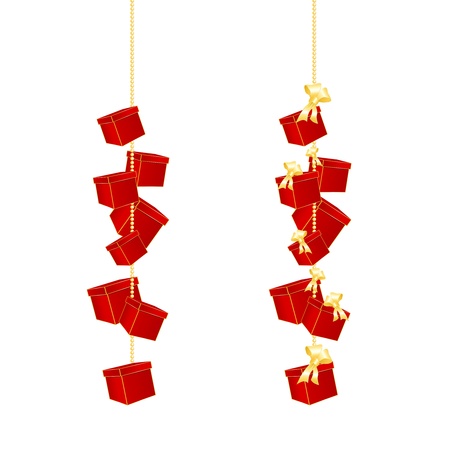 Parcels and gift boxes with bow hanging on a bead chain against white background - Christmas and birthday element のイラスト素材