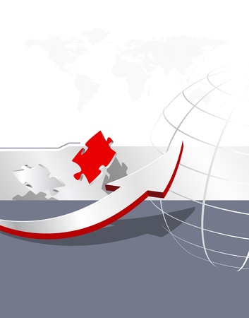 Abstract business background with arrow, puzzle pieces, dotted world map and globe - global corporate brochure design - vector illustrationのイラスト素材