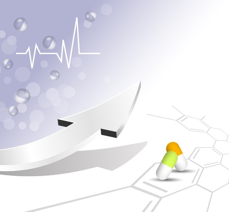 Medical background with ecg graph, abstract molecules, pills, chemical formula and arrow - healthcare concept with purple to white backdrop gradient - vector illustrationのイラスト素材