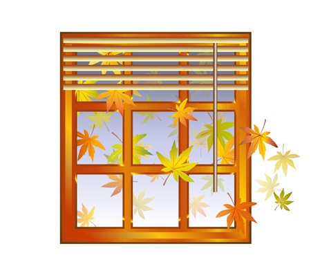 Autumn - window with jalousie and fall leaves and blue sky background - season element - vector illustrationのイラスト素材