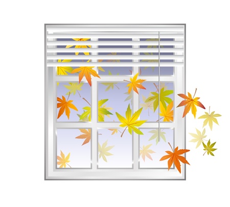 Fall season - window with autumn leaves and blue sky background - vector illustrationのイラスト素材