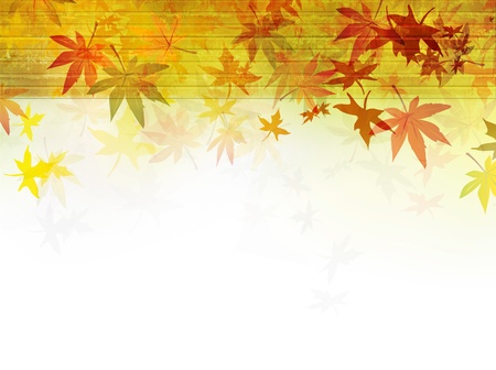 Fall background with autumn leaves over jalousie backdrop in grunge styleの写真素材