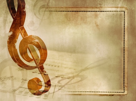Music background in vintage style - sheet music with wooden treble clef and notes on old paper texture with frame - artistic musical grunge designの写真素材