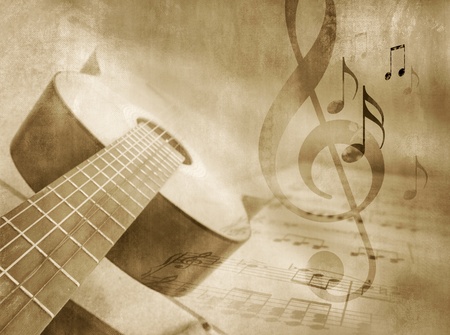 Grunge music background with guitar, sheet music and notes - musical event template in vintage styleの写真素材