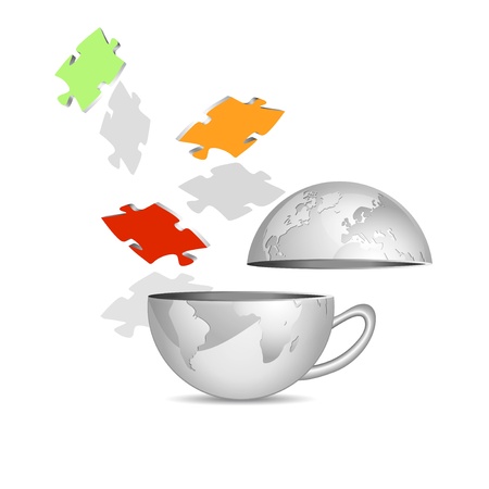 Globe and puzzle pieces - abstract teamwork icon against white background - business conceptのイラスト素材
