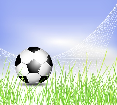Soccer ball background with net, grass and blue skyのイラスト素材