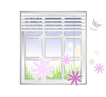 Window with flowers against white background - spring designのイラスト素材