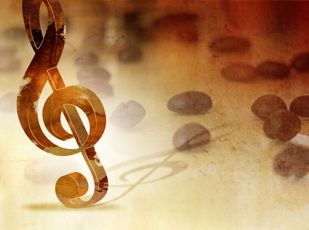 Coffee beans background with music note on grunge paper textureの写真素材