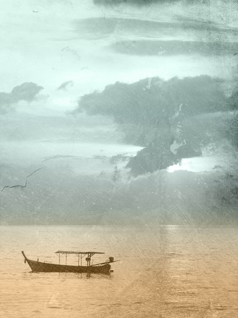 Sea background - vintage ocean template with fishing boat - sunrise - sunsetの写真素材