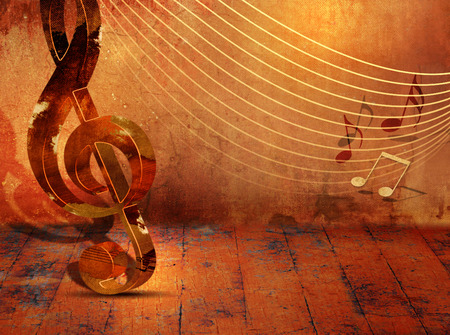 Grunge music background with music notes on staveの写真素材