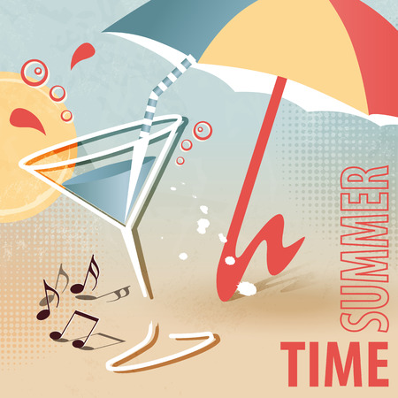 Summer beach template with cocktail and sunshade  summertime fun  retro designのイラスト素材