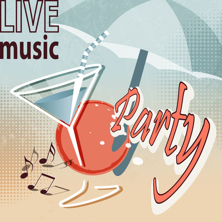 Beach party background with cocktail glass and sunshade in 50s 60s 70s retro styleのイラスト素材