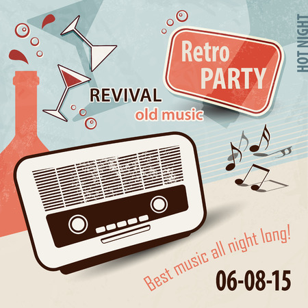 Retro music background - party flyer with old radio, bottles, glasses and music notesのイラスト素材