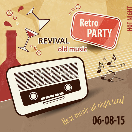 Music background in retro style - vintage party flyer with old radio and drinksのイラスト素材