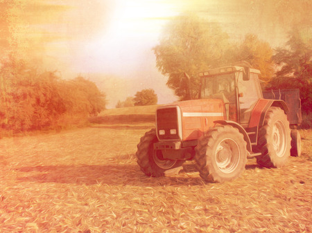 Rural landscape with tractor in retro style - photo with oil paint filterの写真素材